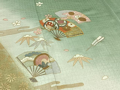 平和屋着物▽訪問着 単衣 駒刺繍 扇面花蝶文 暈し染め 金糸 金銀彩 正絹 逸品 AABB3909jh