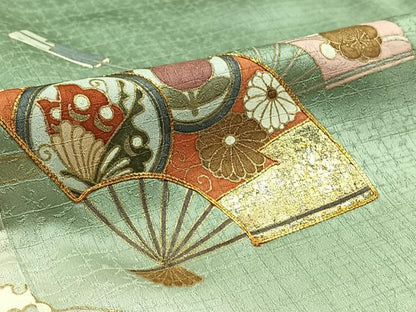 平和屋着物▽訪問着 単衣 駒刺繍 扇面花蝶文 暈し染め 金糸 金銀彩 正絹 逸品 AABB3909jh