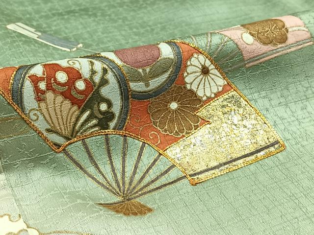 平和屋着物▽訪問着 単衣 駒刺繍 扇面花蝶文 暈し染め 金糸 金銀彩 正絹 逸品 AABB3909jh