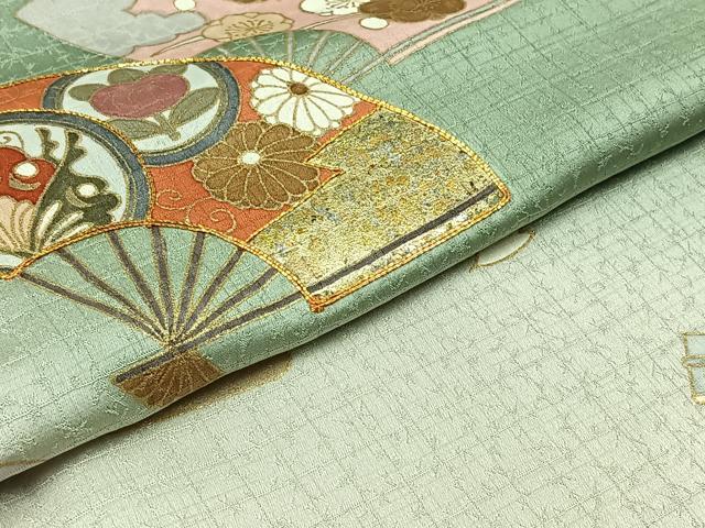 平和屋着物▽訪問着 単衣 駒刺繍 扇面花蝶文 暈し染め 金糸 金銀彩 正絹 逸品 AABB3909jh