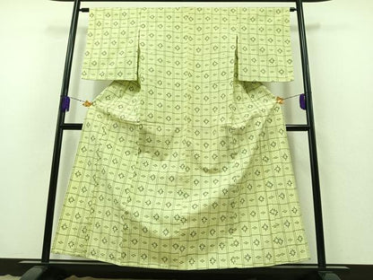 平和屋着物▽上質な紬　単衣　格子花文　正絹　逸品　AABB3910jh