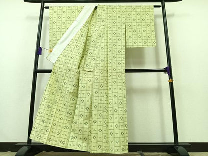 平和屋着物▽上質な紬　単衣　格子花文　正絹　逸品　AABB3910jh