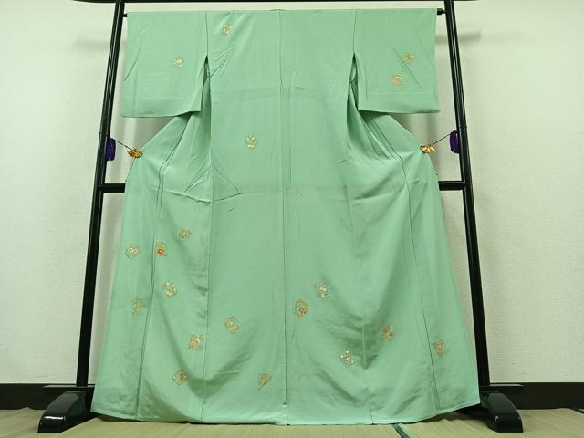 平和屋着物▽訪問着　単衣　駒刺繍　草花文　金糸　金彩　正絹　逸品　AABB3915jh