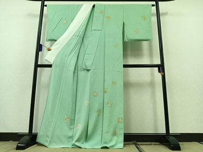 平和屋着物▽訪問着　単衣　駒刺繍　草花文　金糸　金彩　正絹　逸品　AABB3915jh