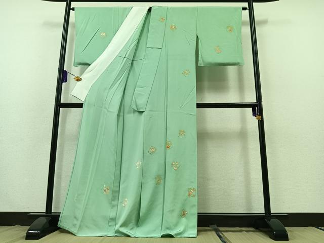 平和屋着物▽訪問着　単衣　駒刺繍　草花文　金糸　金彩　正絹　逸品　AABB3915jh