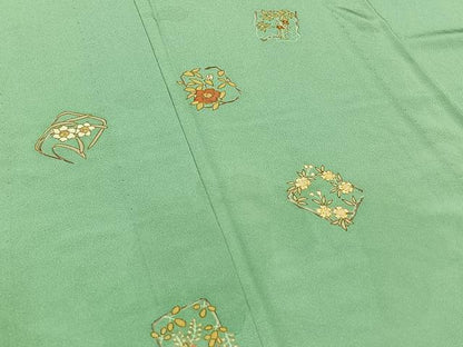 平和屋着物▽訪問着　単衣　駒刺繍　草花文　金糸　金彩　正絹　逸品　AABB3915jh