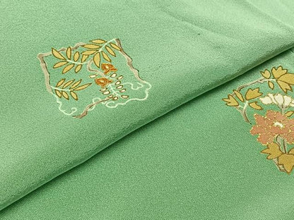平和屋着物▽訪問着　単衣　駒刺繍　草花文　金糸　金彩　正絹　逸品　AABB3915jh