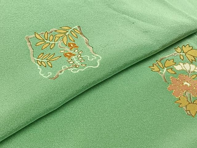 平和屋着物▽訪問着　単衣　駒刺繍　草花文　金糸　金彩　正絹　逸品　AABB3915jh