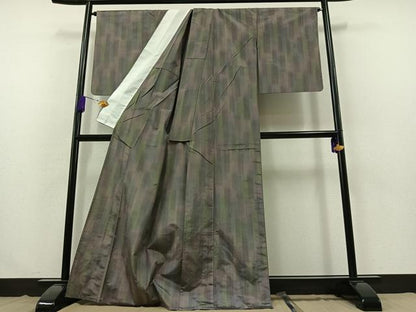 平和屋着物▽上質な紬 単衣 縞 正絹 逸品 AABB3917jh