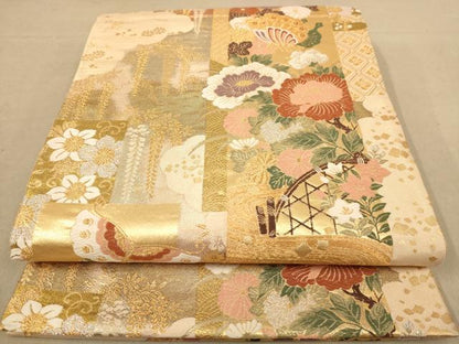 平和屋着物◎六通柄袋帯　唐織　花蝶文　金銀糸　正絹　逸品　AABB3977dt