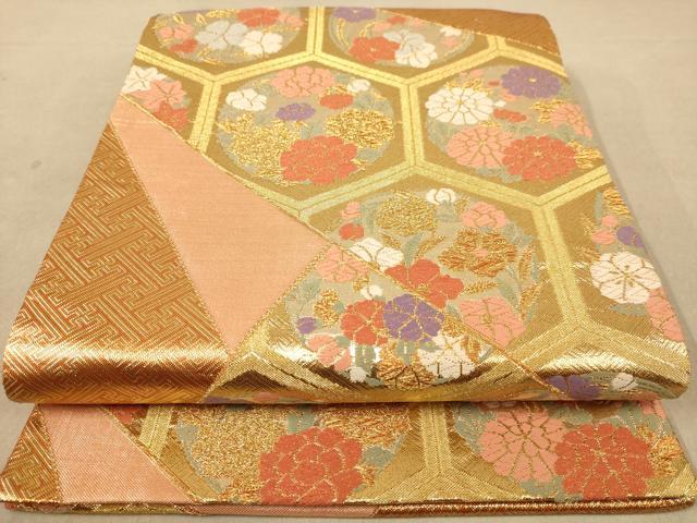 平和屋着物◎六通柄袋帯　唐織　亀甲草花文　金糸　正絹　逸品　AABB3993dt