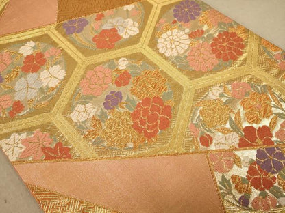 平和屋着物◎六通柄袋帯　唐織　亀甲草花文　金糸　正絹　逸品　AABB3993dt