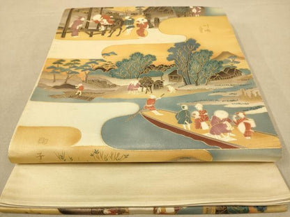 平和屋着物◎太鼓柄袋帯　人物風景文　金彩　正絹　逸品　AABB3995dt
