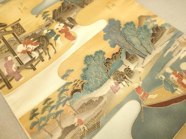 平和屋着物◎太鼓柄袋帯　人物風景文　金彩　正絹　逸品　AABB3995dt