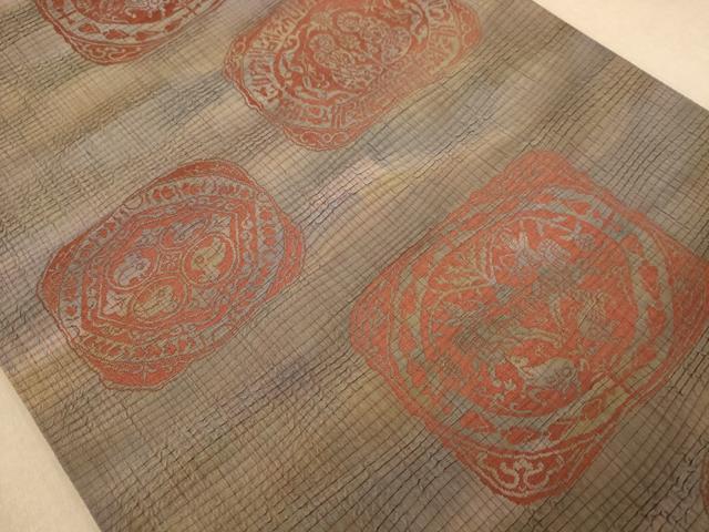 平和屋着物◎全通柄袋帯　狩猟文　ふくれ織　正絹　逸品　AABB3997dt
