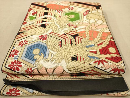 平和屋着物◎六通柄袋帯　唐織　鳳凰花文　黒地　金糸　正絹　逸品　AABB4003dt