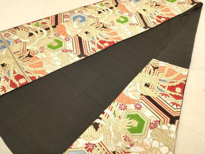平和屋着物◎六通柄袋帯　唐織　鳳凰花文　黒地　金糸　正絹　逸品　AABB4003dt
