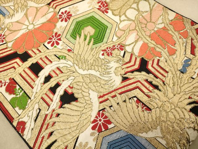 平和屋着物◎六通柄袋帯　唐織　鳳凰花文　黒地　金糸　正絹　逸品　AABB4003dt