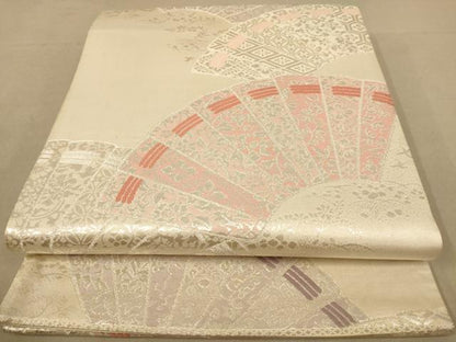 平和屋着物◎六通柄袋帯　唐織　扇面花文　銀糸　正絹　逸品　AABB4014dt