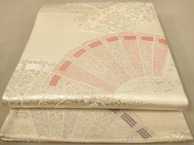 平和屋着物◎六通柄袋帯　唐織　扇面花文　銀糸　正絹　逸品　AABB4014dt