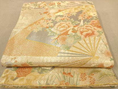 平和屋着物◎佐賀錦　六通柄袋帯　扇面孔雀花文　金糸　正絹　逸品　AABB4016dt