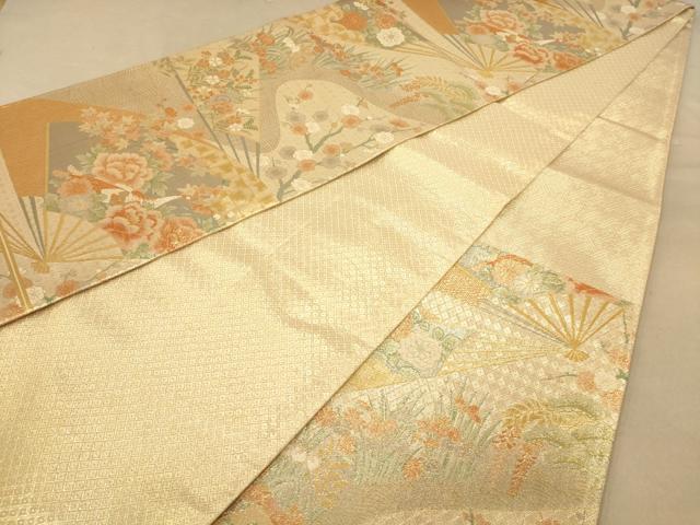 平和屋着物◎佐賀錦　六通柄袋帯　扇面孔雀花文　金糸　正絹　逸品　AABB4016dt