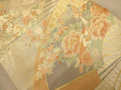 平和屋着物◎佐賀錦　六通柄袋帯　扇面孔雀花文　金糸　正絹　逸品　AABB4016dt