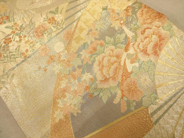 平和屋着物◎佐賀錦　六通柄袋帯　扇面孔雀花文　金糸　正絹　逸品　AABB4016dt