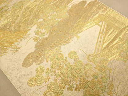 平和屋着物◎六通柄袋帯　風景花文　金糸　正絹　逸品　AABB4017dt