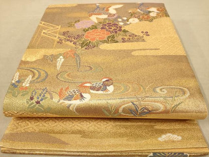 平和屋着物◎六通柄袋帯　唐織　孔雀花文　草木染　金糸　正絹　逸品　AABB4027dt