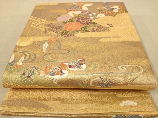 平和屋着物◎六通柄袋帯　唐織　孔雀花文　草木染　金糸　正絹　逸品　AABB4027dt