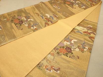 平和屋着物◎六通柄袋帯　唐織　孔雀花文　草木染　金糸　正絹　逸品　AABB4027dt
