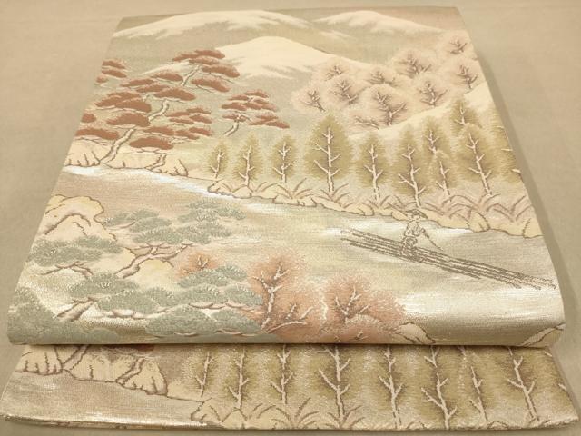 平和屋着物◎六通柄袋帯　風景文　プラチナ二重箔　正絹　逸品　AABB4033dt