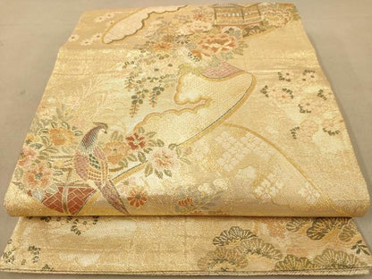 平和屋着物◎佐賀錦　六通柄袋帯　花鳥文　金糸　正絹　逸品　AABB4034dt