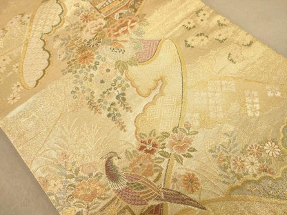 平和屋着物◎佐賀錦　六通柄袋帯　花鳥文　金糸　正絹　逸品　AABB4034dt