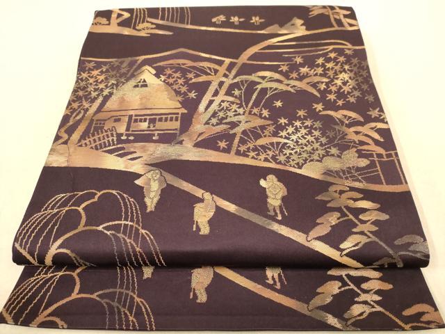 平和屋着物◎六通柄袋帯 人物風景文 金糸 正絹 逸品 AABB4060dt