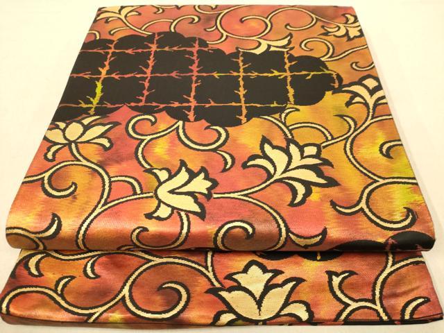 平和屋着物◎六通柄袋帯 更紗花文 黒地 金糸 正絹 逸品 AABB4061dt