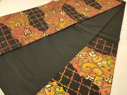 平和屋着物◎六通柄袋帯 更紗花文 黒地 金糸 正絹 逸品 AABB4061dt