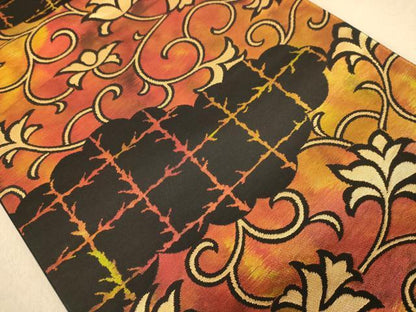 平和屋着物◎六通柄袋帯 更紗花文 黒地 金糸 正絹 逸品 AABB4061dt