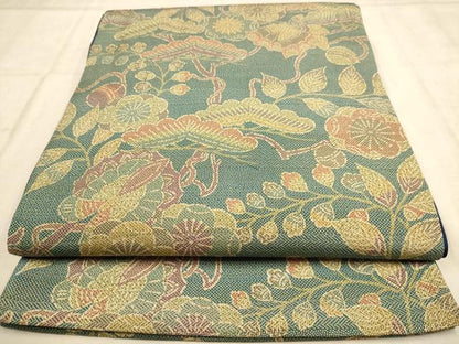平和屋着物◎全通柄袋帯 紬地 草花文 正絹 逸品 AABB4079dt