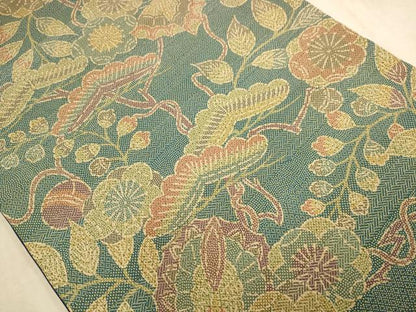 平和屋着物◎全通柄袋帯 紬地 草花文 正絹 逸品 AABB4079dt