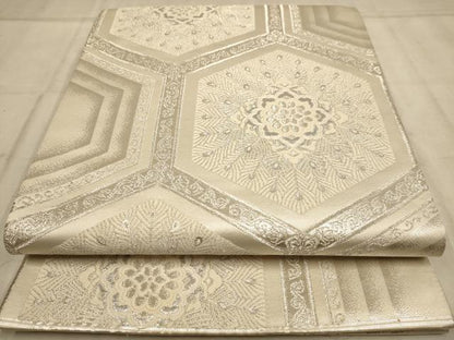 平和屋着物◎六通柄袋帯 亀甲花文 銀糸 正絹 逸品 AABB4104dt