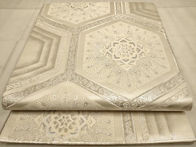 平和屋着物◎六通柄袋帯 亀甲花文 銀糸 正絹 逸品 AABB4104dt