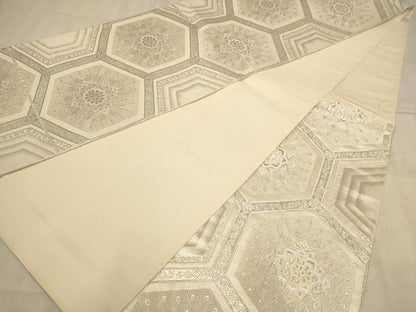平和屋着物◎六通柄袋帯 亀甲花文 銀糸 正絹 逸品 AABB4104dt