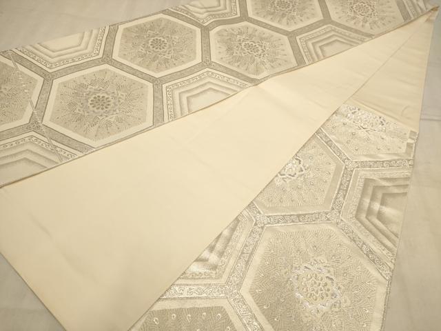 平和屋着物◎六通柄袋帯 亀甲花文 銀糸 正絹 逸品 AABB4104dt