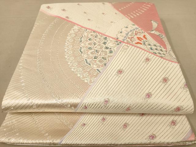 平和屋着物◎両面　六通柄袋帯　唐織　孔雀花文　銀糸　正絹　逸品　AABB4148dt