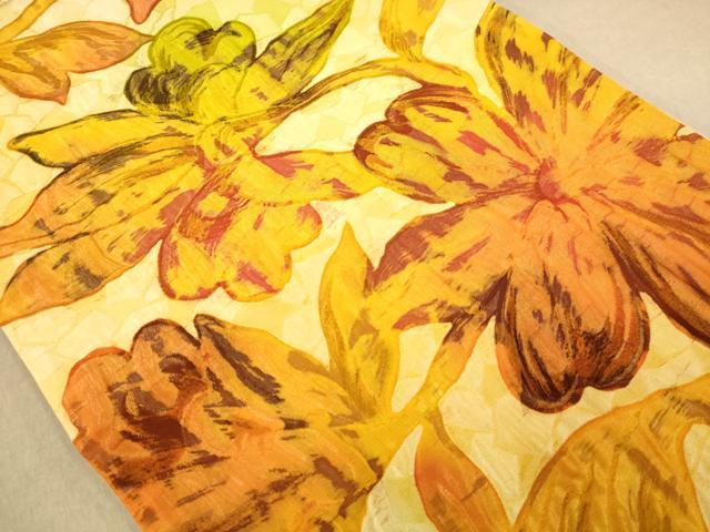 平和屋着物◎全通柄袋帯　手描き　草花文　ふくれ織　正絹　逸品　AABB4159dt