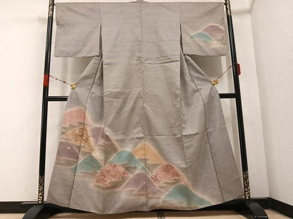 平和屋着物●訪問着　紬地　刺繍　草花文　暈し染め　金彩　正絹　逸品　AABB4338ph