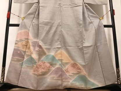 平和屋着物●訪問着　紬地　刺繍　草花文　暈し染め　金彩　正絹　逸品　AABB4338ph