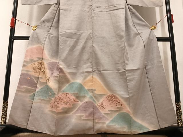 平和屋着物●訪問着　紬地　刺繍　草花文　暈し染め　金彩　正絹　逸品　AABB4338ph